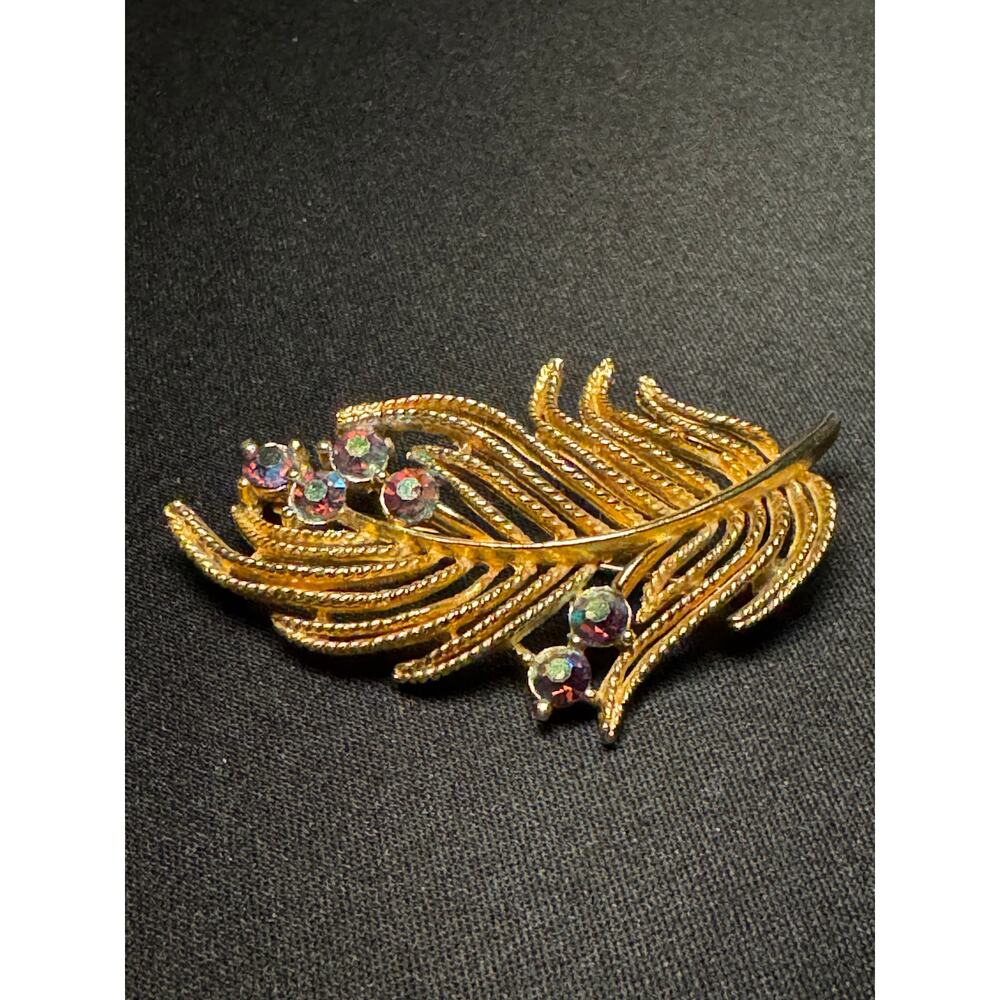 Vintage Lisner Gold Tone AB Feather Brooch